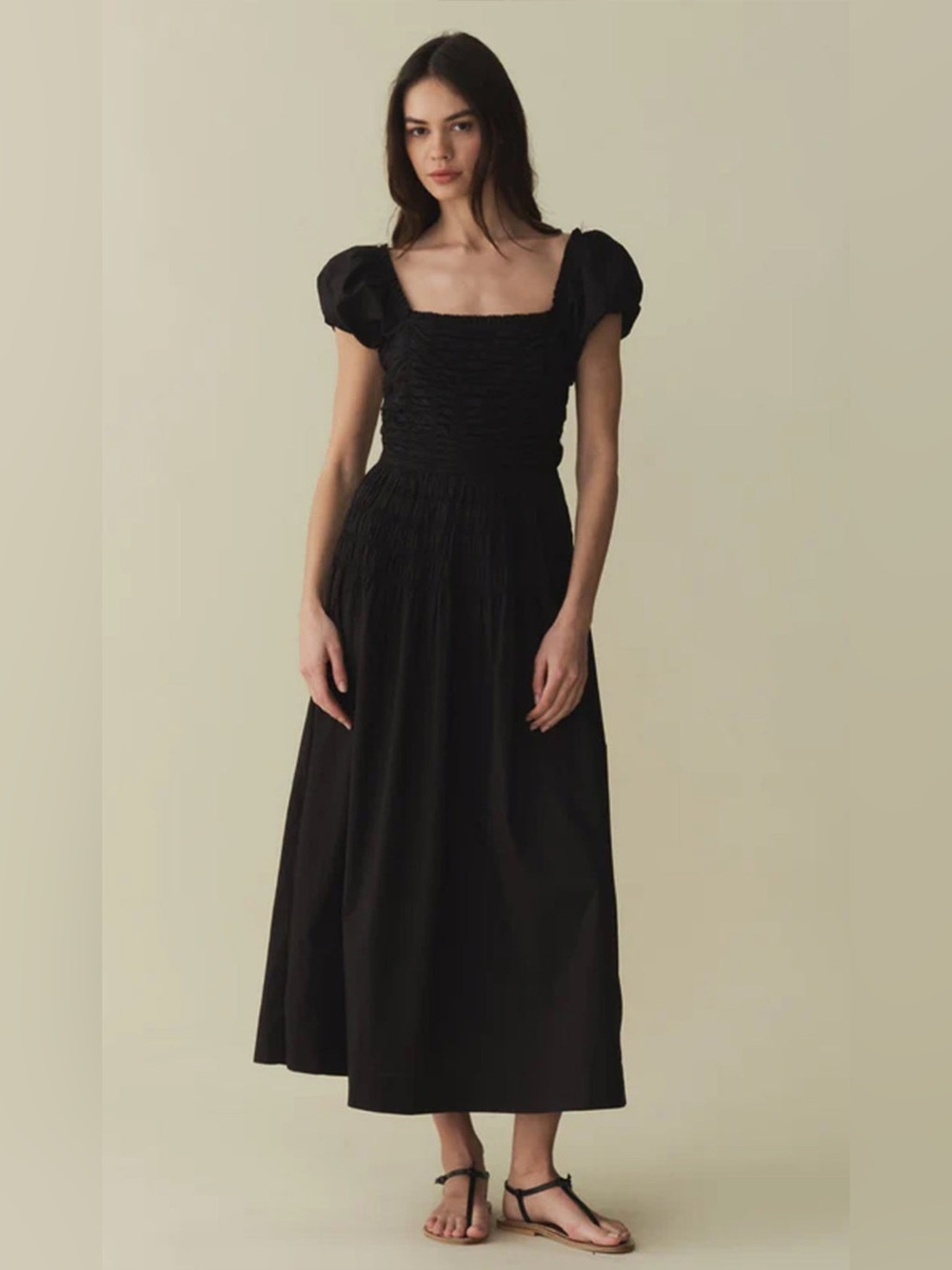 Caroline Constas Black Puff-Sleeve Smocked Midi Dress
